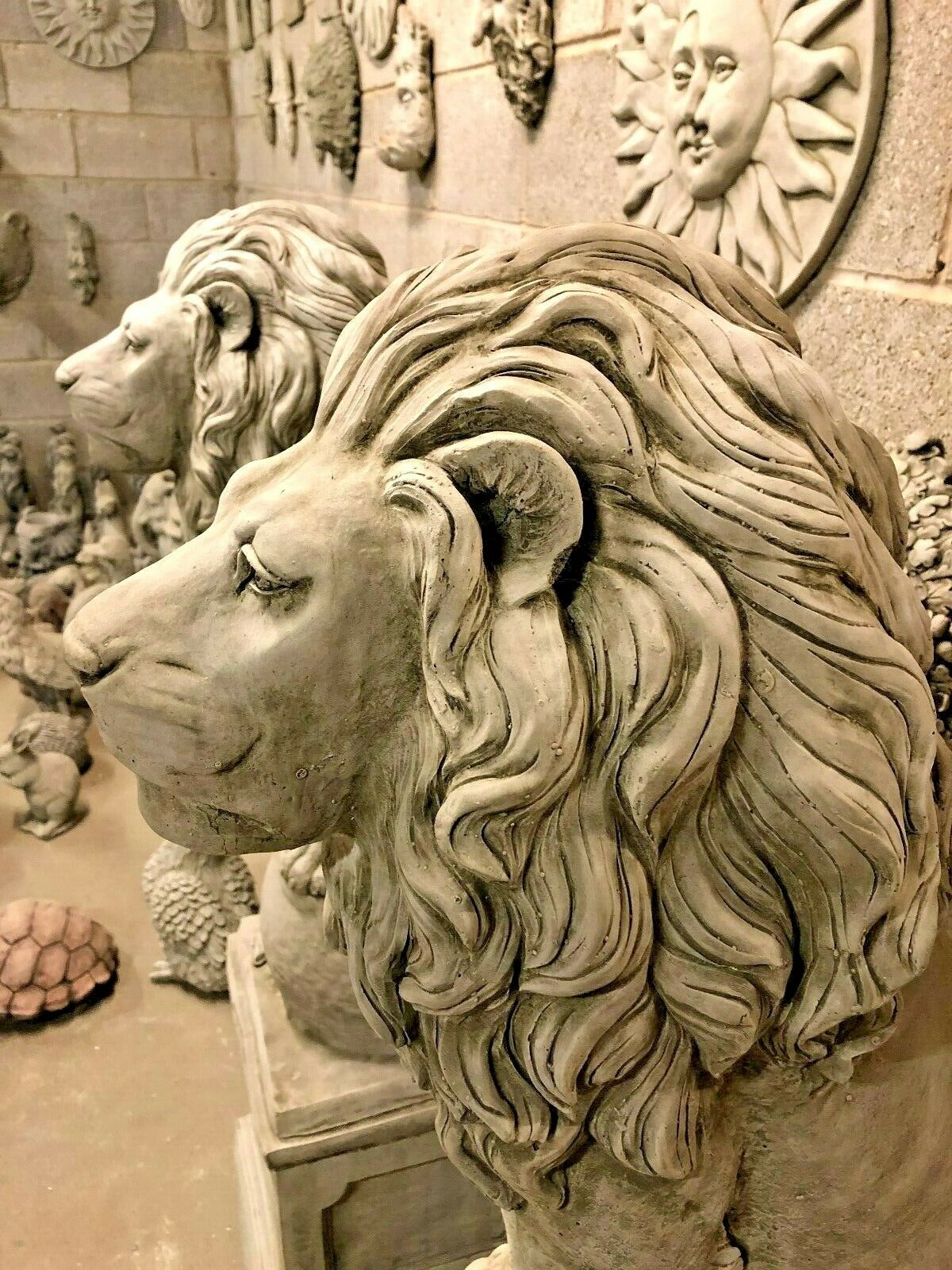 Pair of Large Stone Lion on Ball Plinth Statues