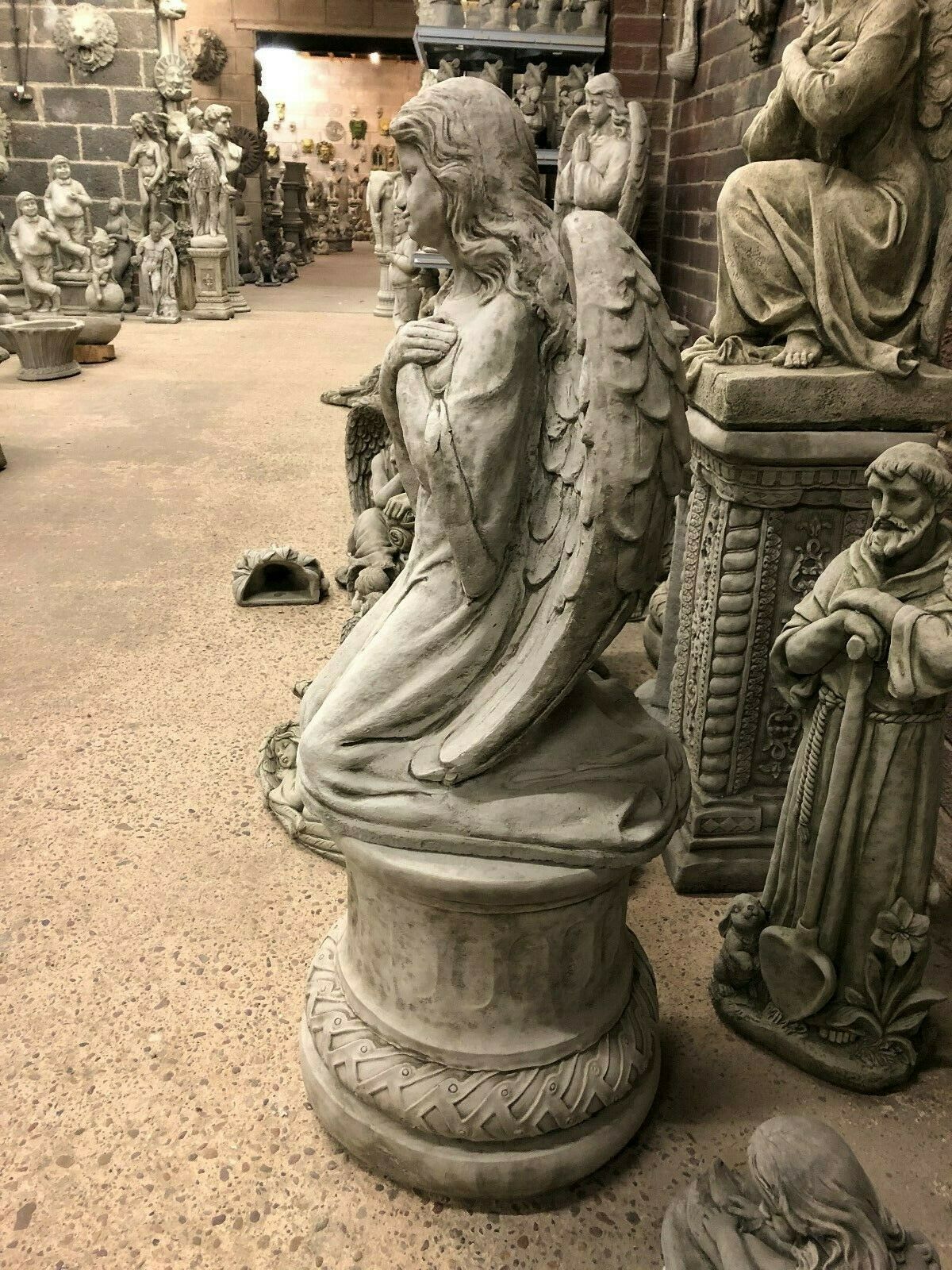 Stone Kneeling Angel Plinth Statue