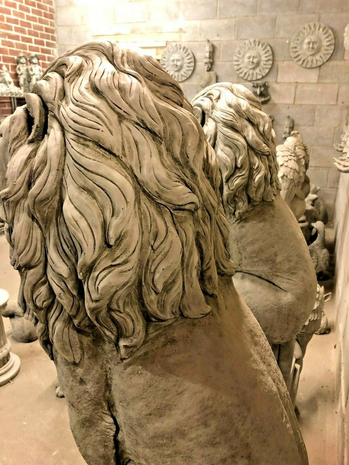 Pair of Large Stone Lion on Ball Plinth Statues