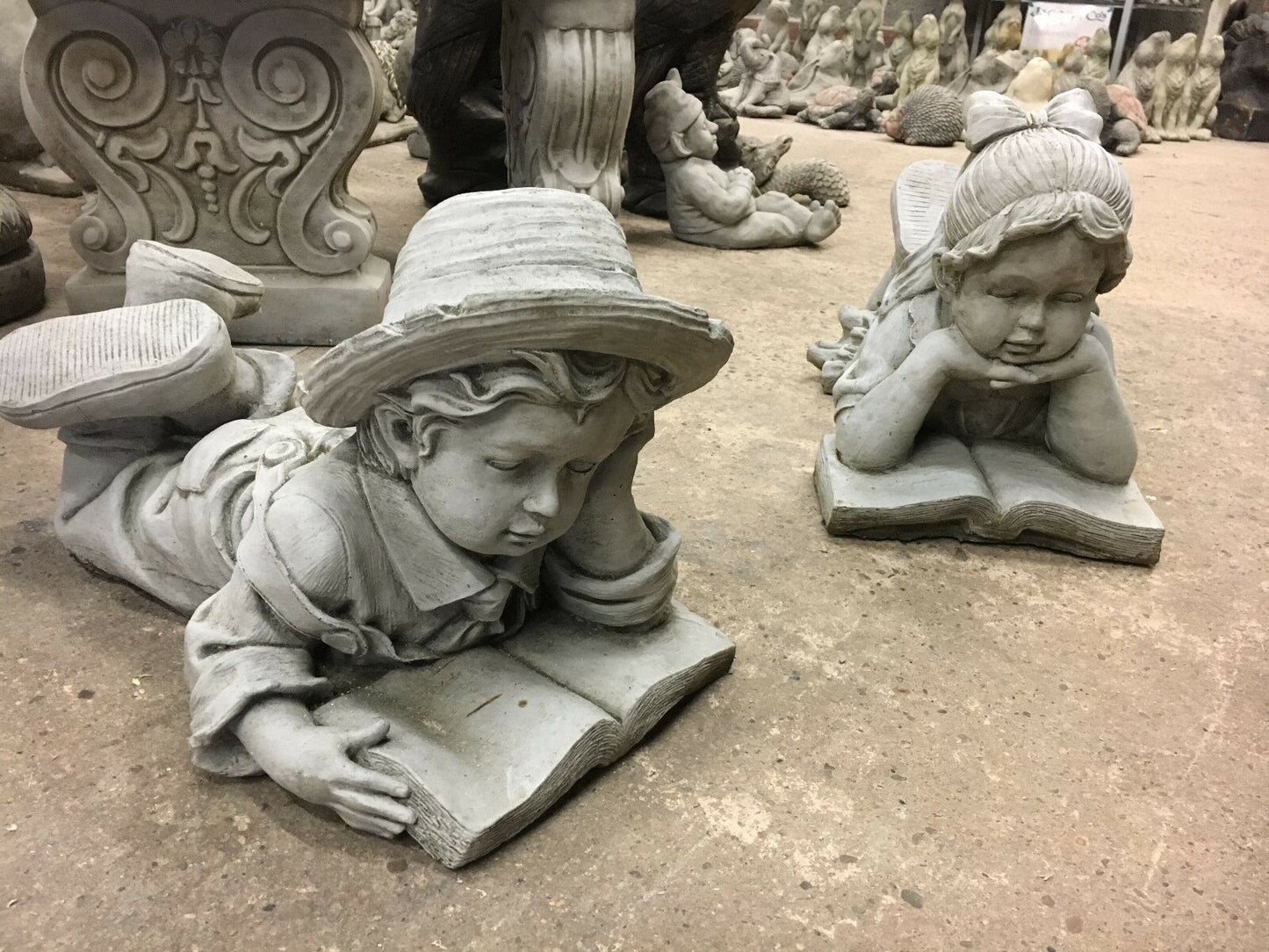 Stone Reading Boy & Girl Garden Statues