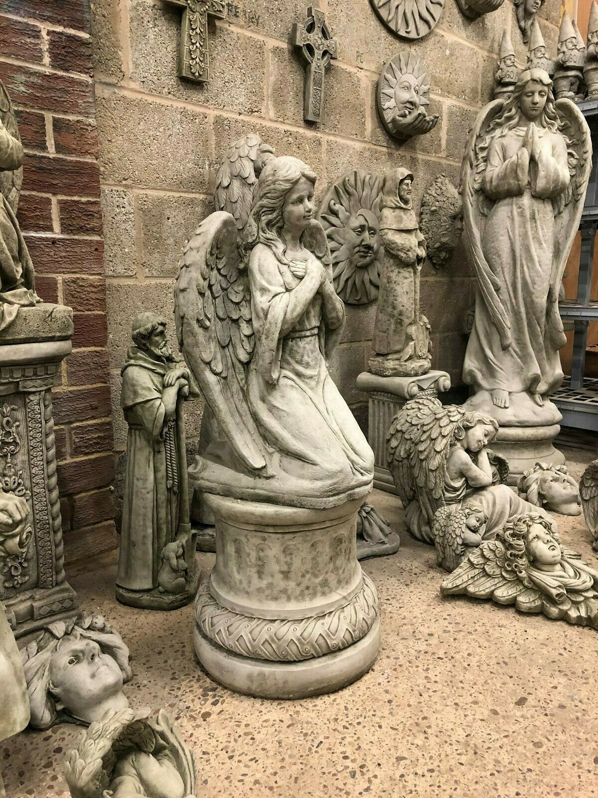 Stone Kneeling Angel Plinth Statue