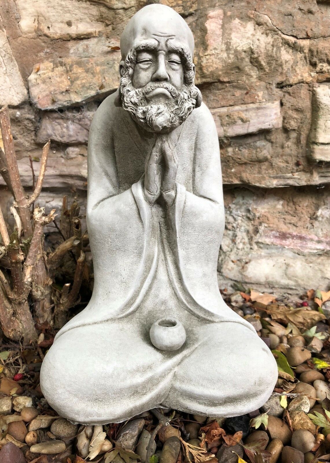 Stunning Stone Praying Old Monk Sculpture Garden Ornament