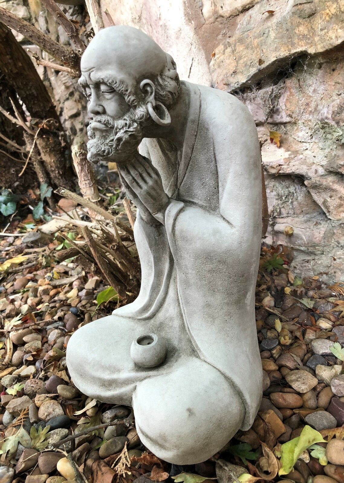 Stunning Stone Praying Old Monk Sculpture Garden Ornament
