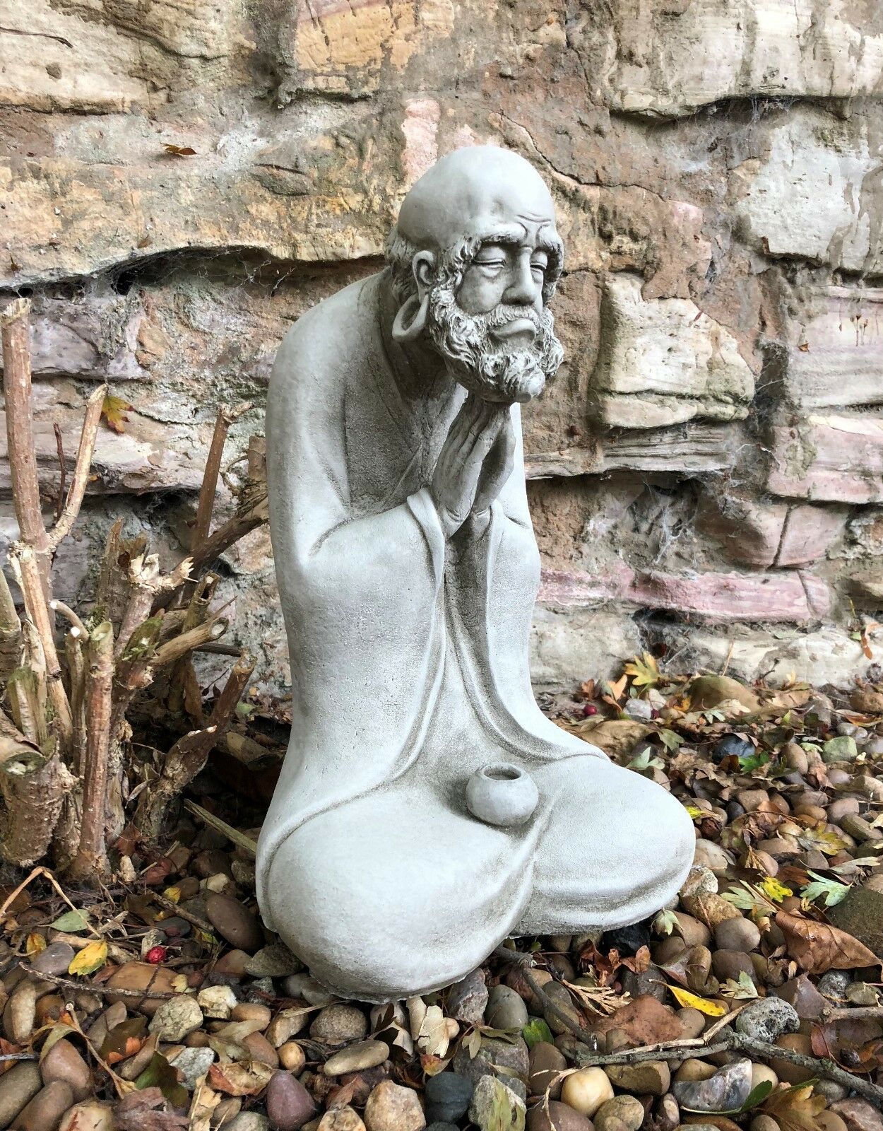 Stunning Stone Praying Old Monk Sculpture Garden Ornament