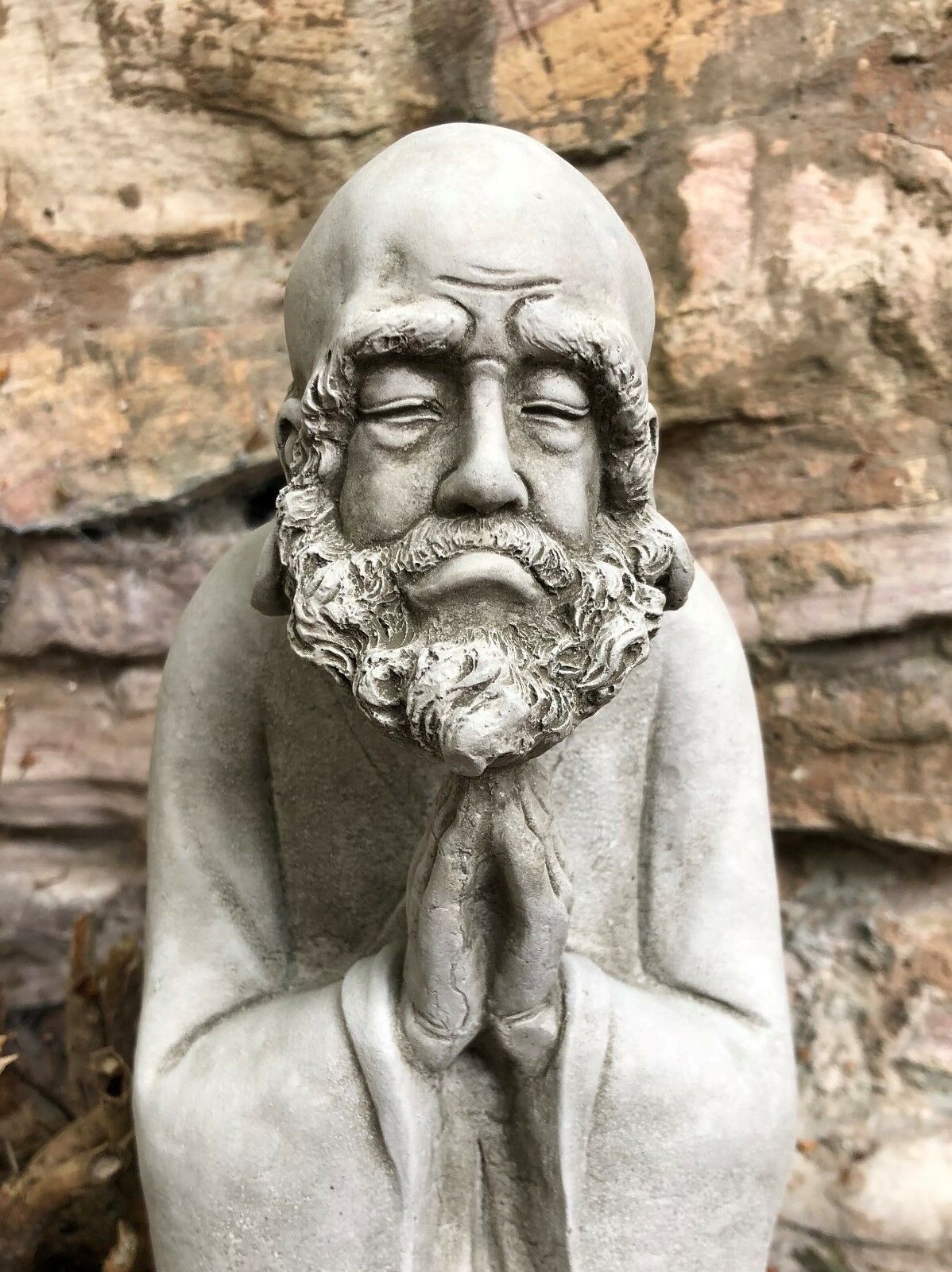 Stunning Stone Praying Old Monk Sculpture Garden Ornament