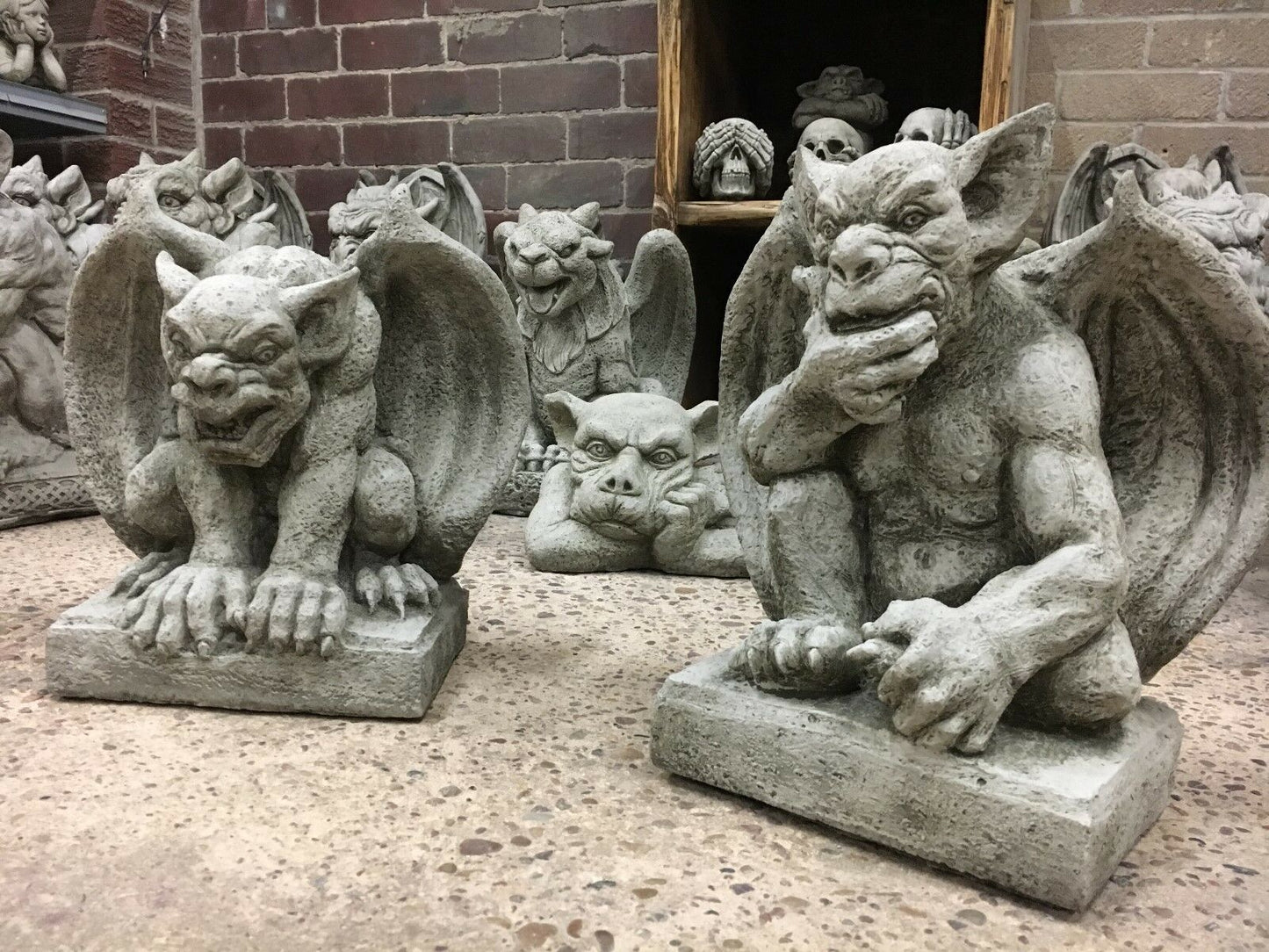 Pair of Stone Winged Gargoyle Statues