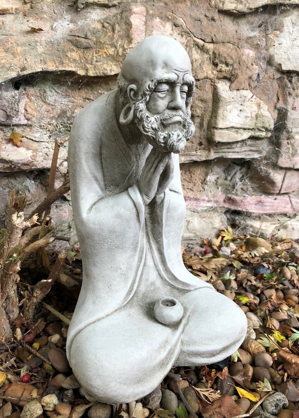 Stunning Stone Praying Old Monk Sculpture Garden Ornament