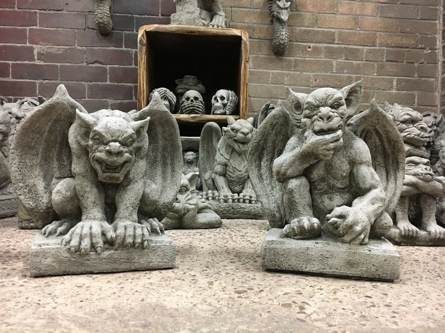 Pair of Stone Winged Gargoyle Statues