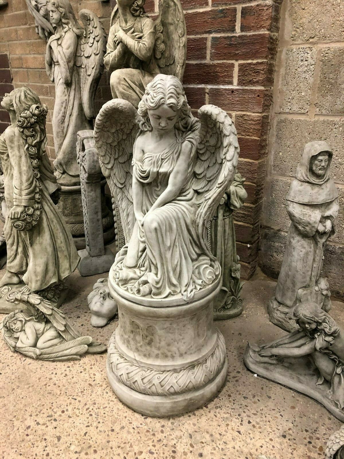 Stone Kneeling Angel Pedestal Statue