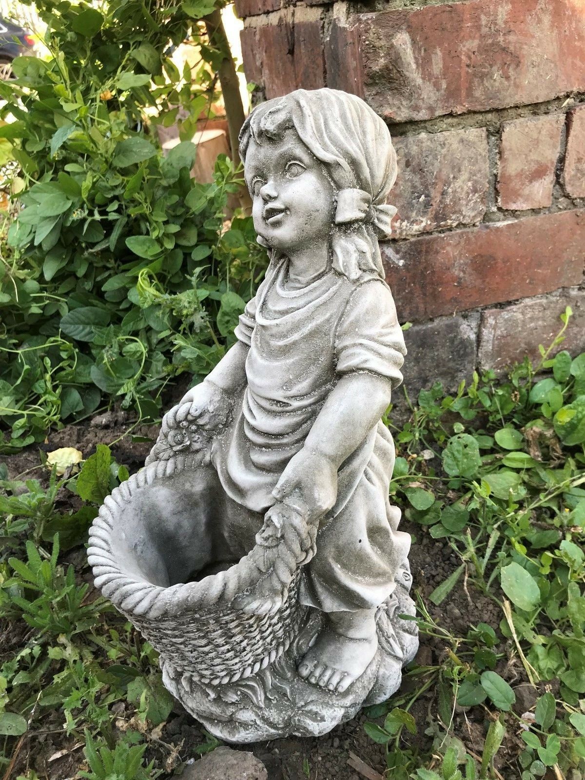 Stone Basket Girl Planter Ornament
