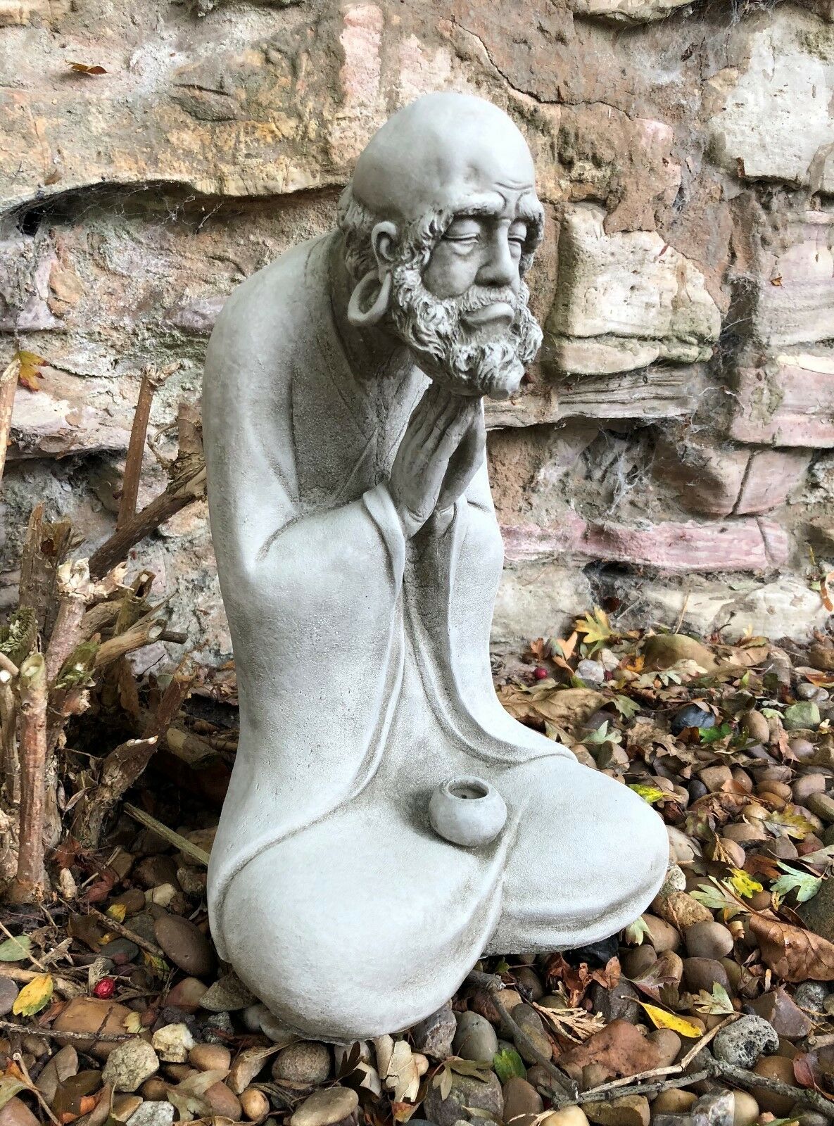 Stunning Stone Praying Old Monk Sculpture Garden Ornament