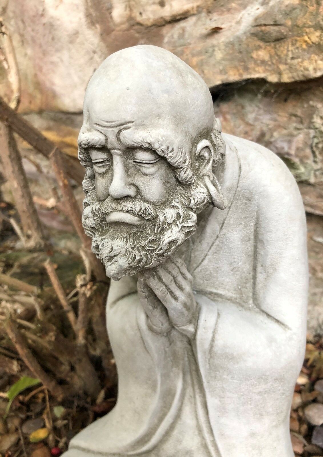Stunning Stone Praying Old Monk Sculpture Garden Ornament