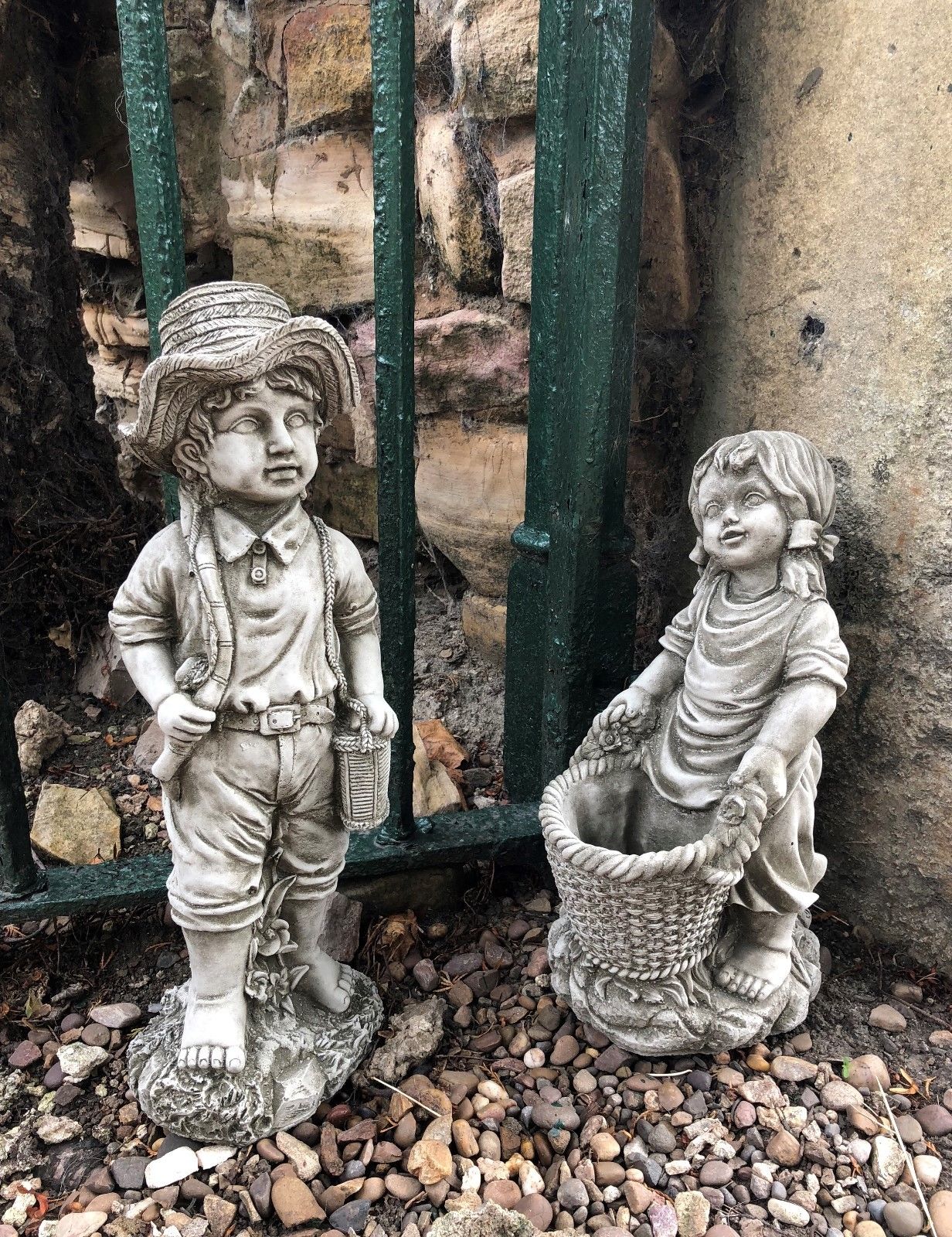 Stunning Stone Fisher Boy & Basket Girl Garden Ornaments