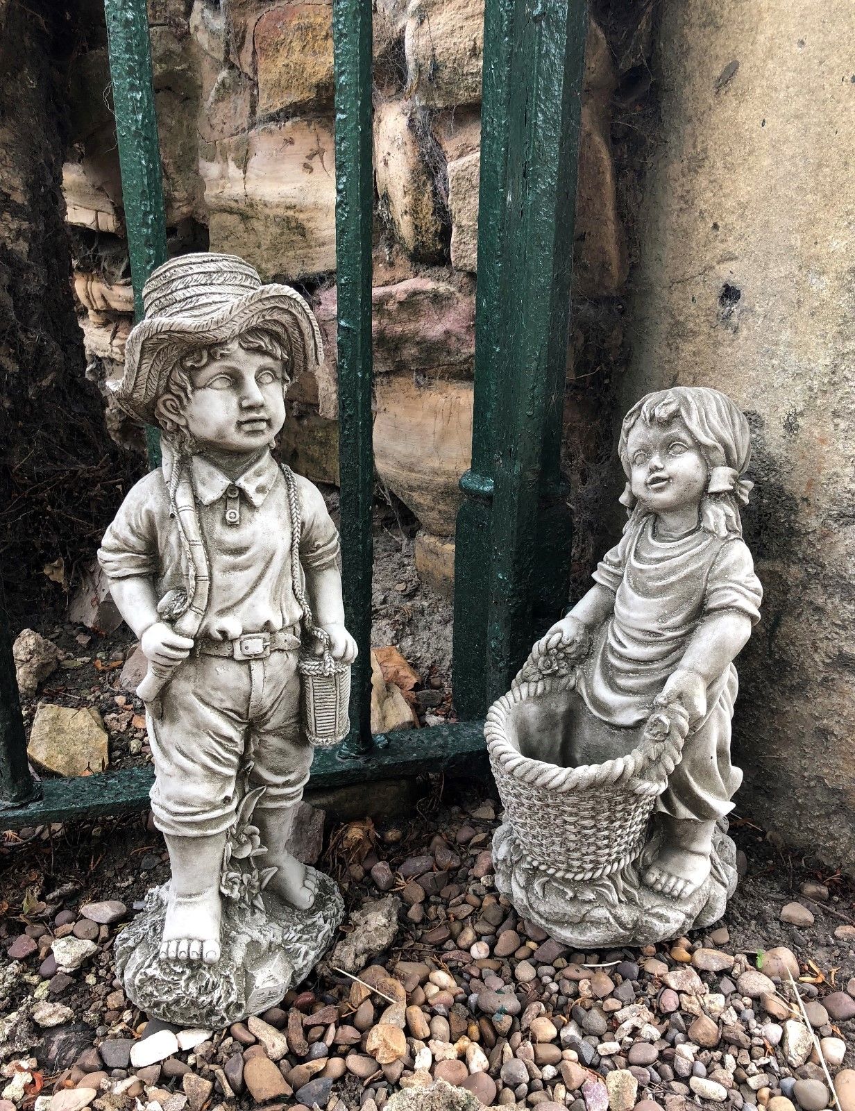 Stone Fisher Boy & Basket Girl Planter Ornaments
