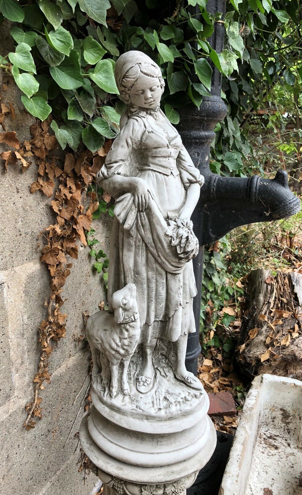Stone Lady Shepherdess Plinth Statue