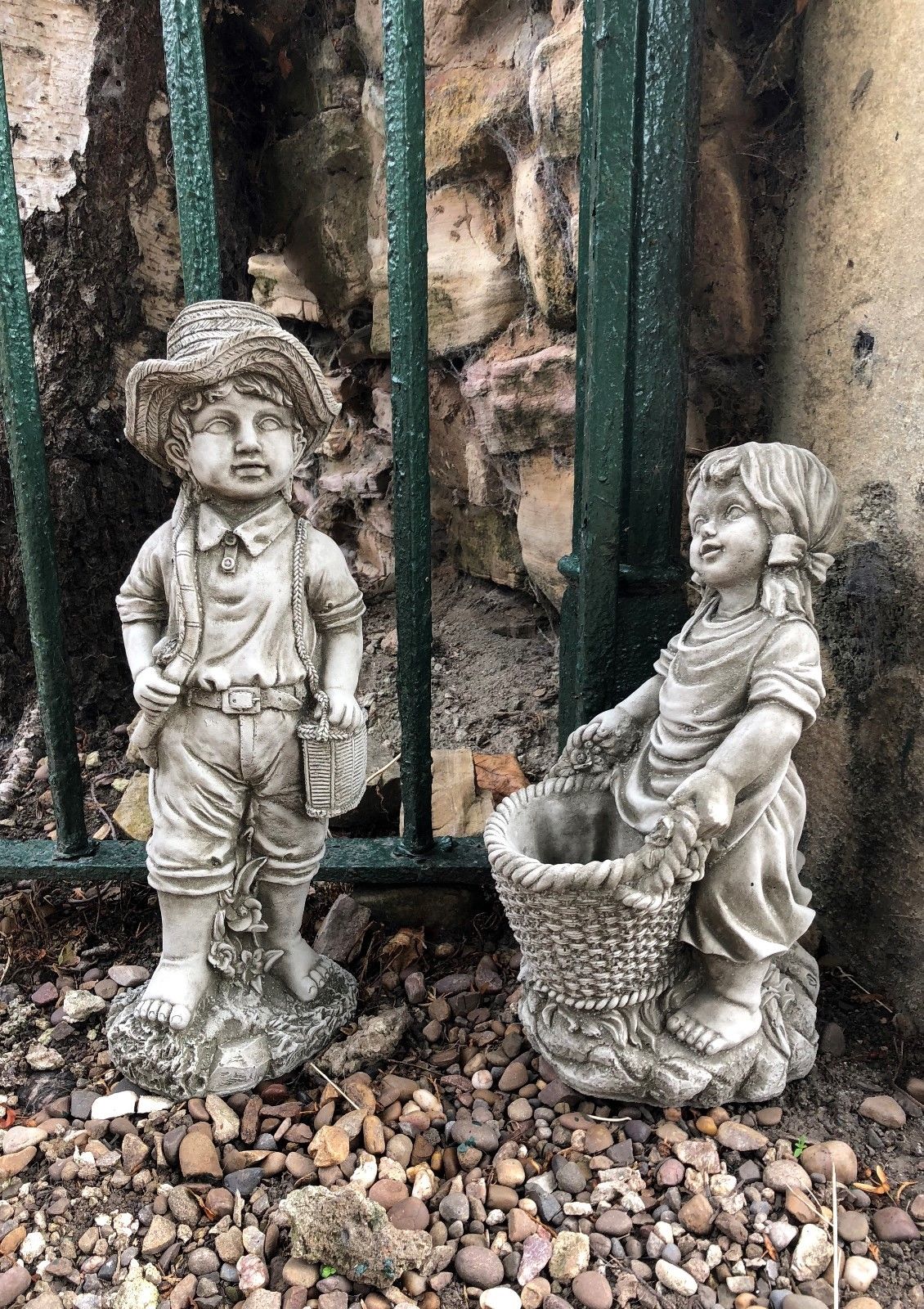 Stone Fisher Boy & Basket Girl Planter Ornaments