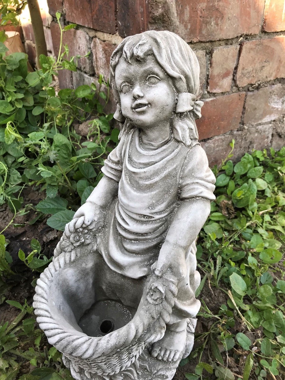 Stone Basket Girl Planter Ornament