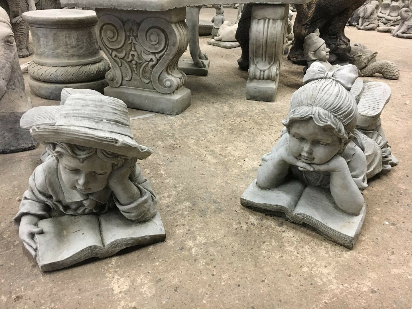 Stone Reading Boy & Girl Garden Statues
