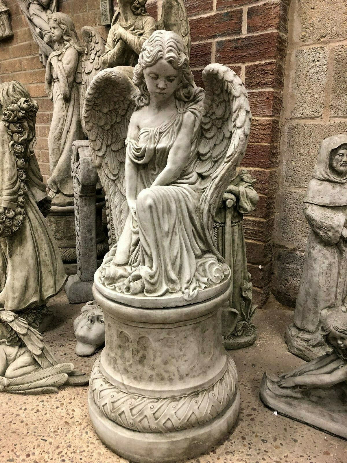 Stone Kneeling Angel Pedestal Statue