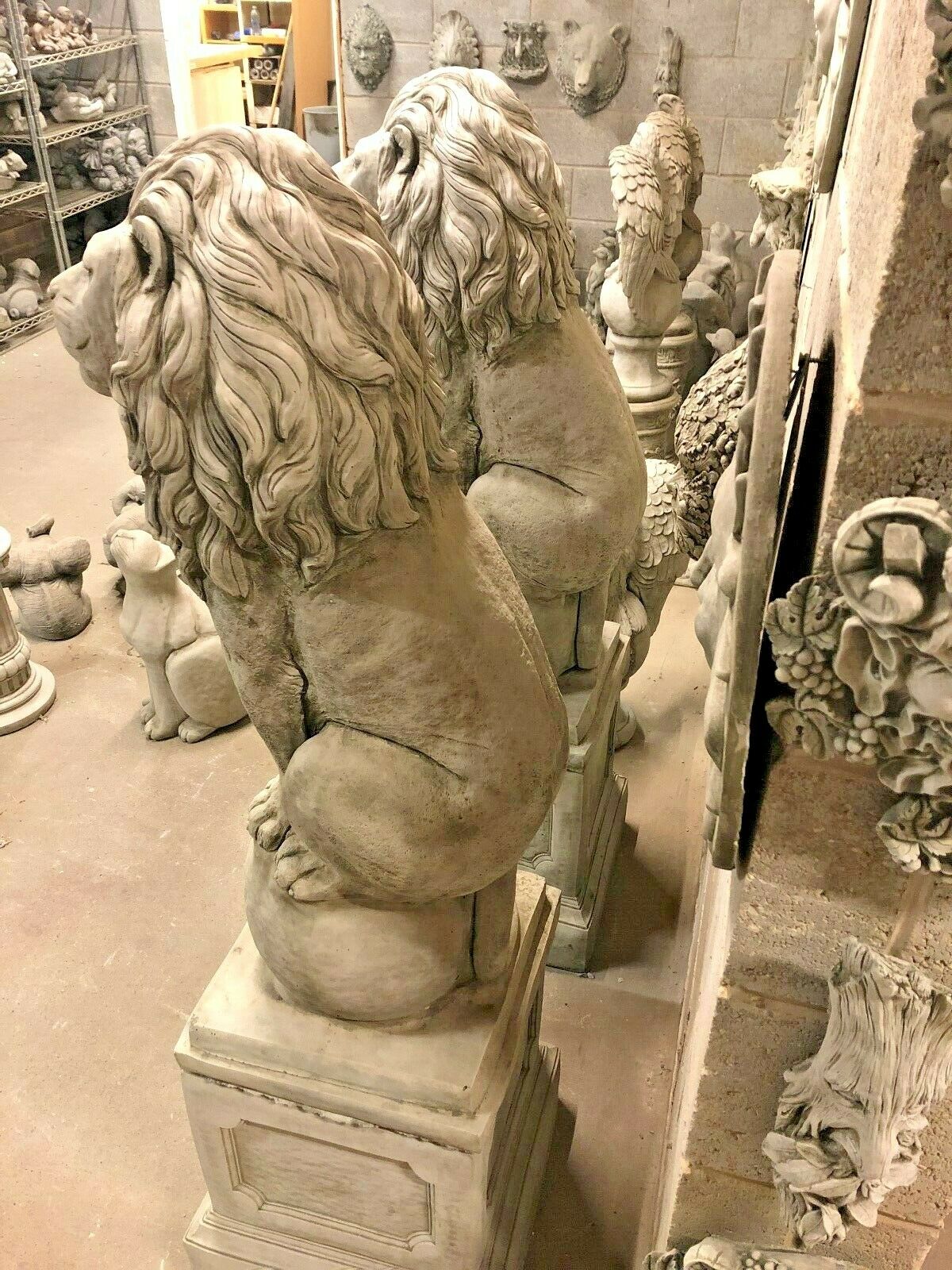 Pair of Large Stone Lion on Ball Plinth Statues