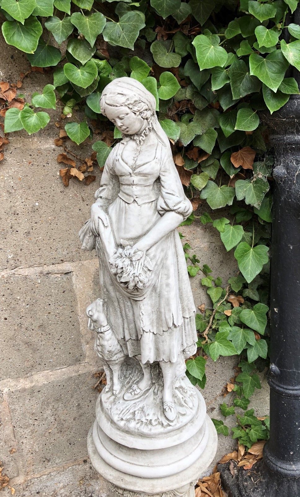Stone Lady Shepherdess Plinth Statue