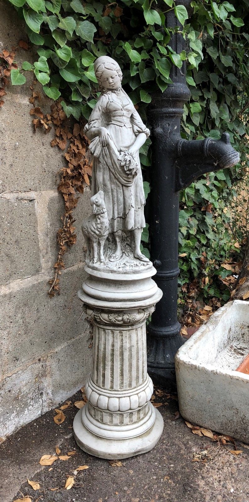 Stone Lady Shepherdess Plinth Statue