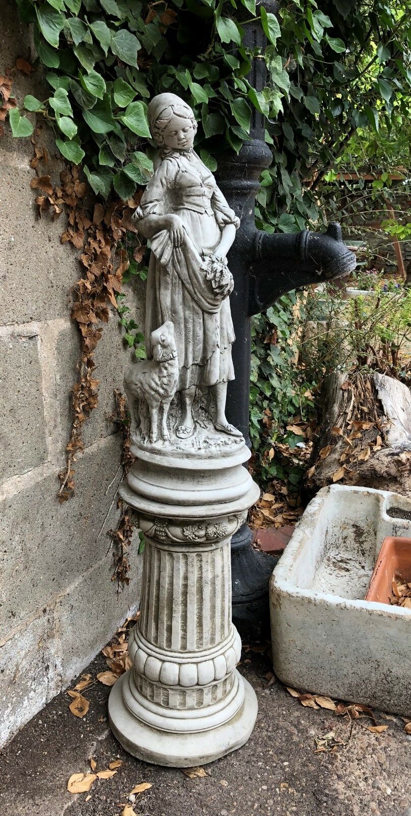 Stone Lady Shepherdess Plinth Statue
