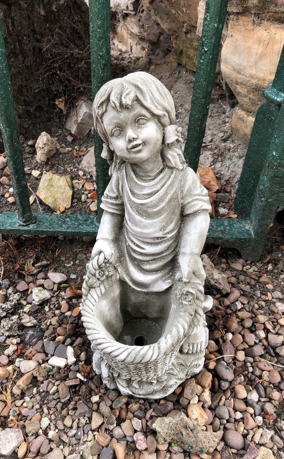 Stone Basket Girl Planter Ornament