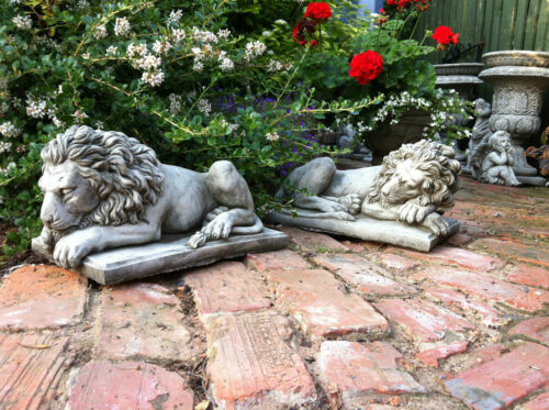 Pair of 2 Stone Sleeping Lion Ornaments