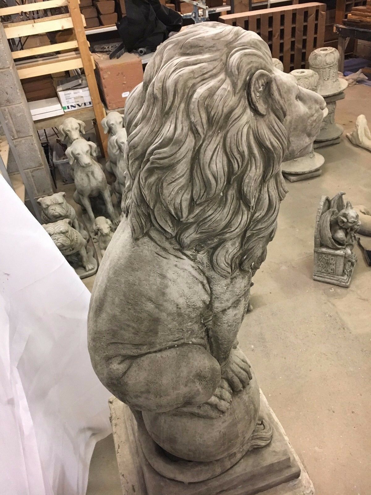 Pair of Large Stone Lion Plinth Statues
