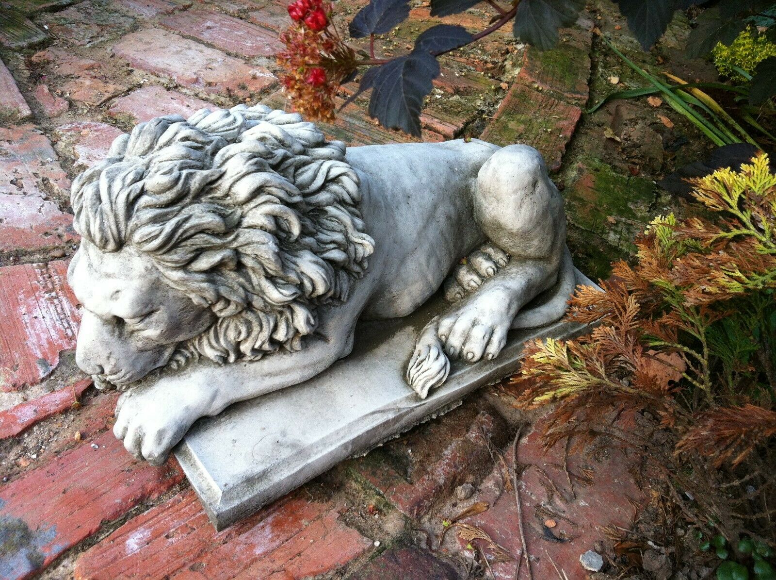 Pair of 2 Stone Sleeping Lion Ornaments