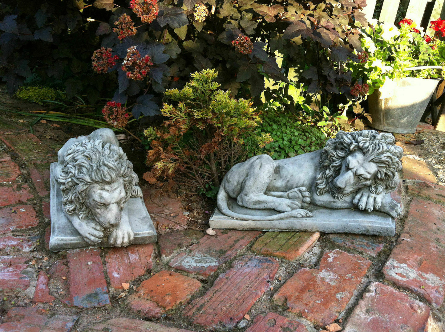 Pair of 2 Stone Sleeping Lion Ornaments