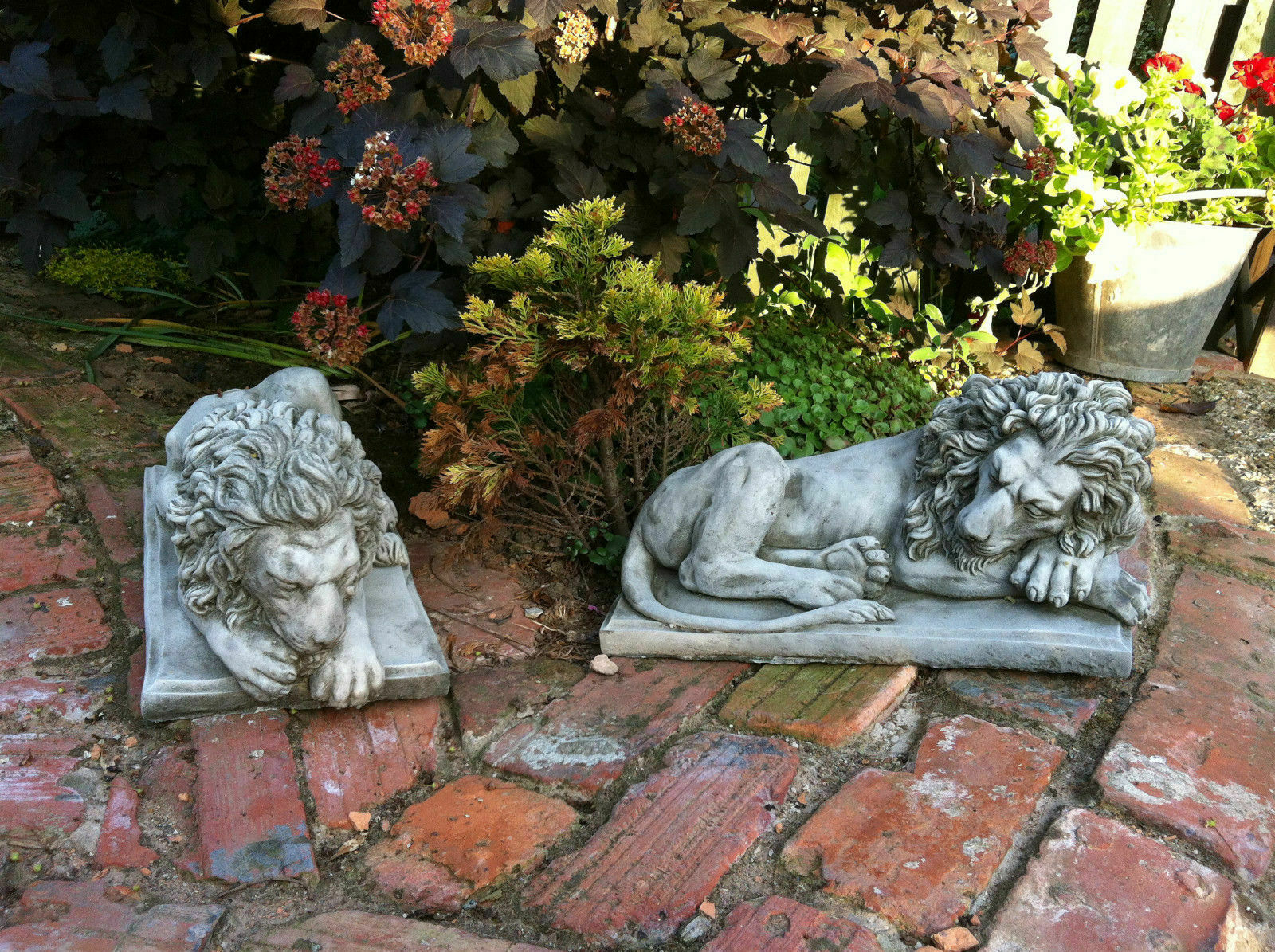 Pair of 2 Stone Sleeping Lion Ornaments