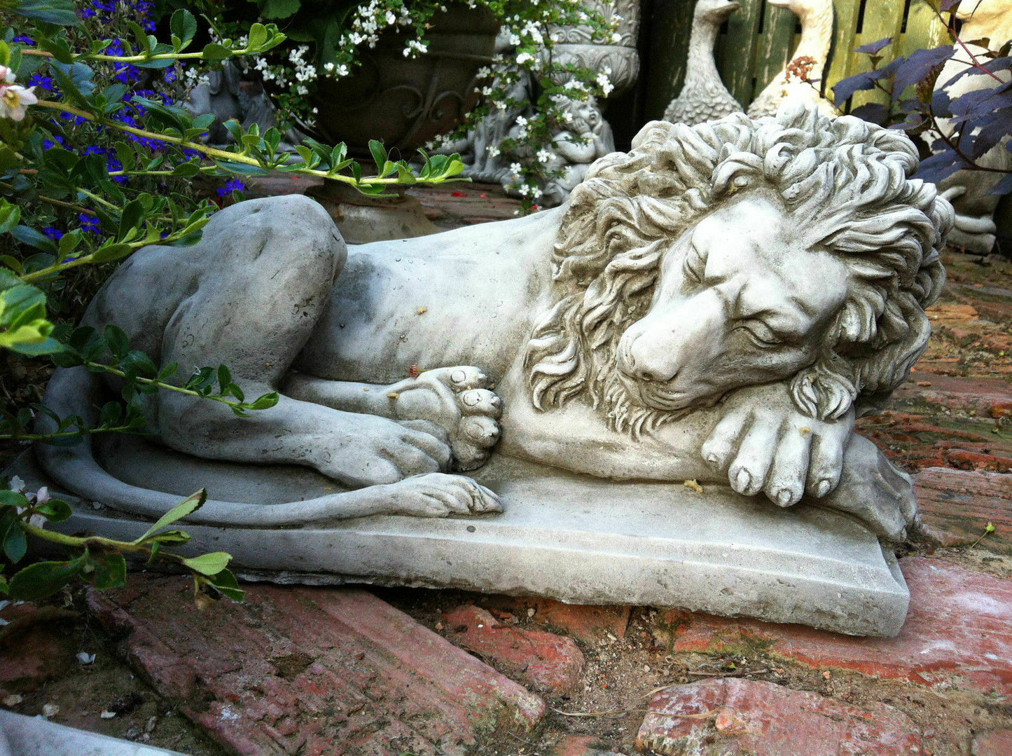 Pair of 2 Stone Sleeping Lion Ornaments