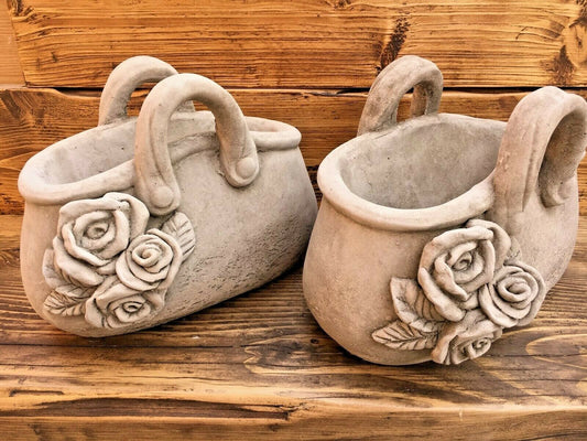 Stone Garden Handbag Planters with Rose Design