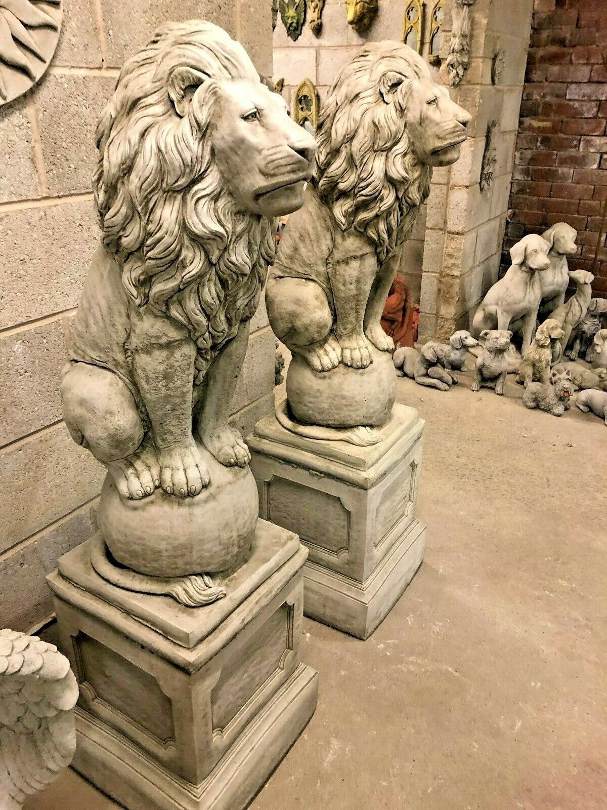 Pair of Large Stone Lion on Ball Plinth Statues