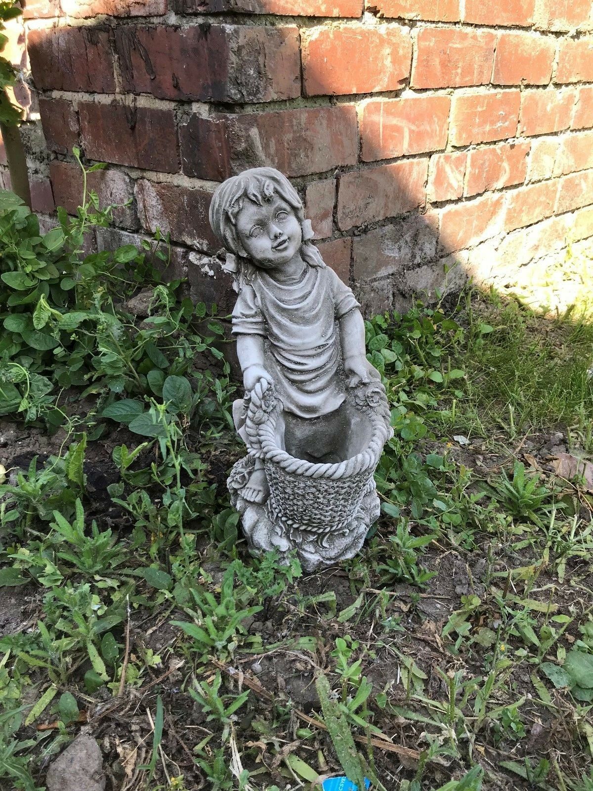 Stone Basket Girl Planter Ornament