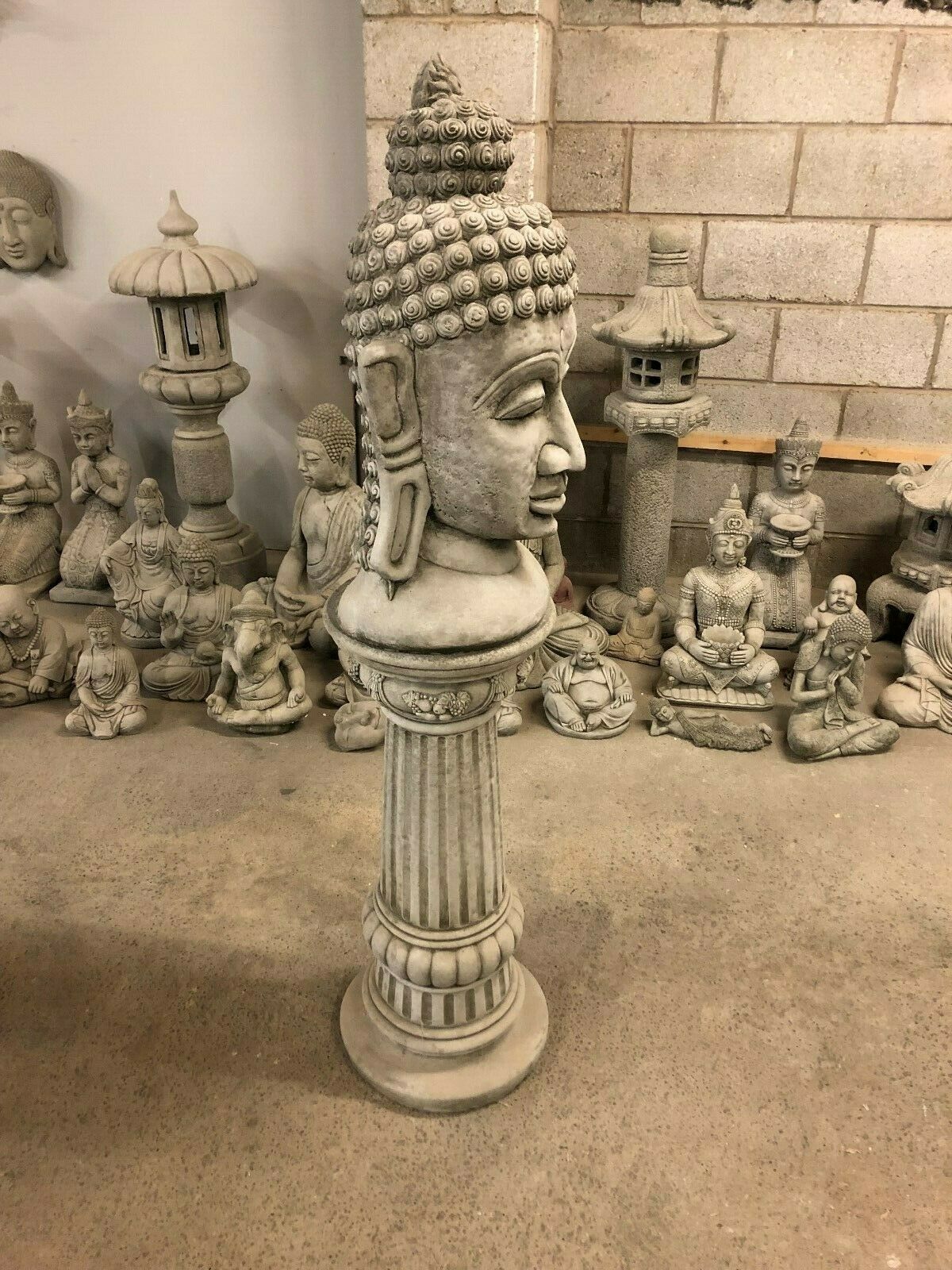 Stone Gautama Buddha Head Plinth Statue