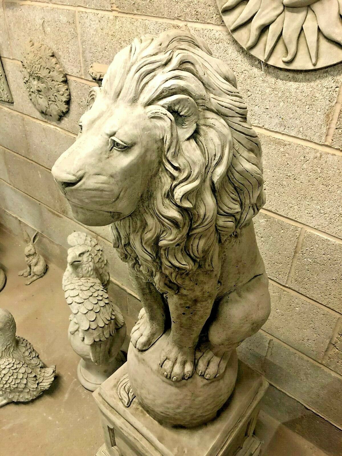 Pair of Large Stone Lion on Ball Plinth Statues