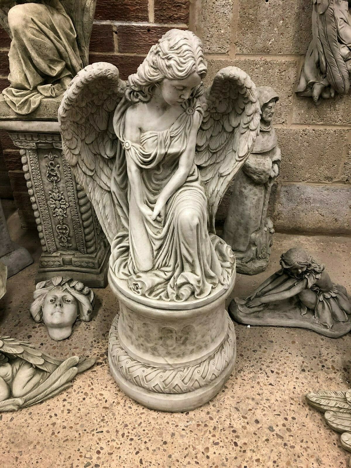 Stone Kneeling Angel Pedestal Statue