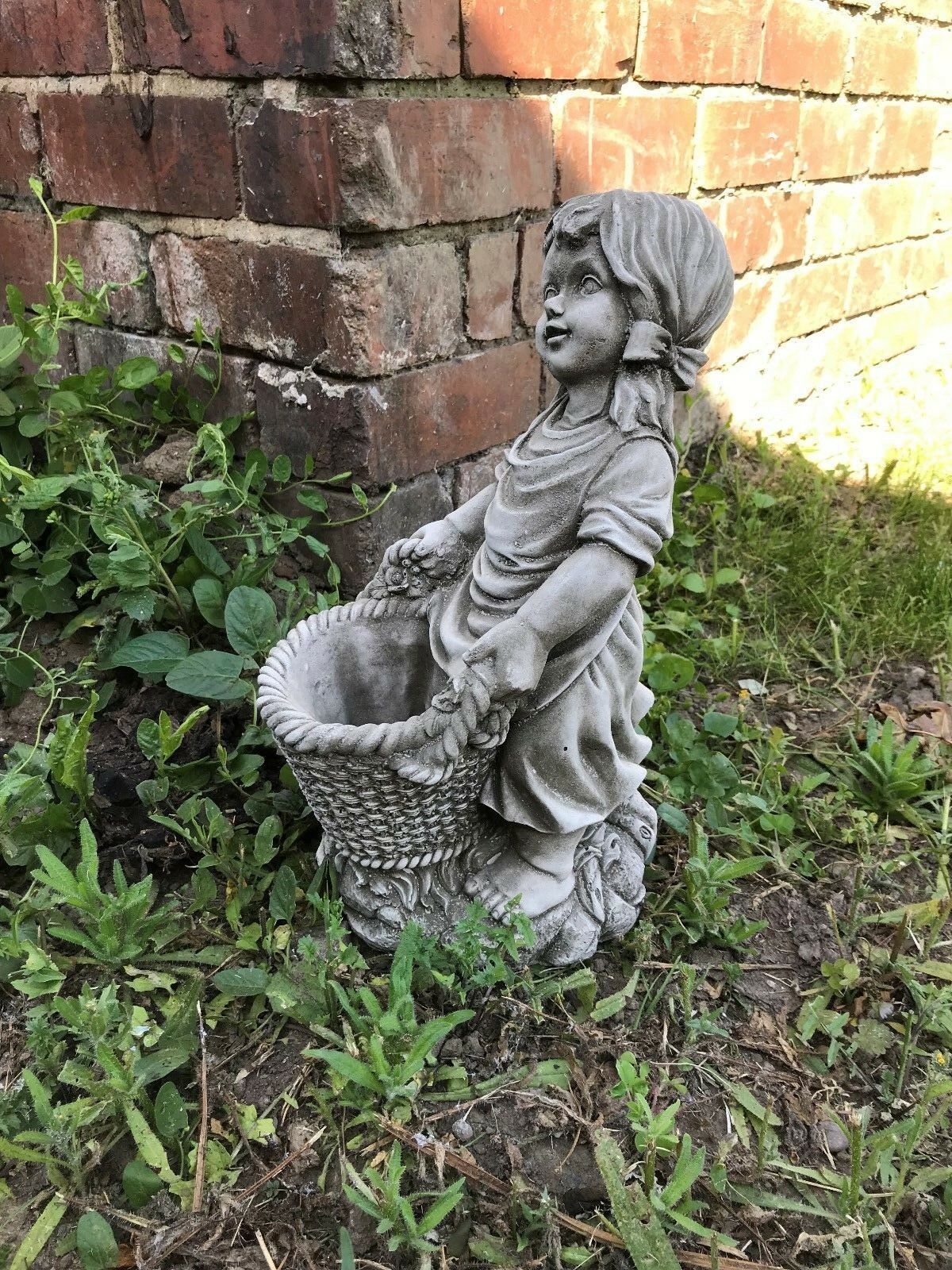 Stone Basket Girl Planter Ornament