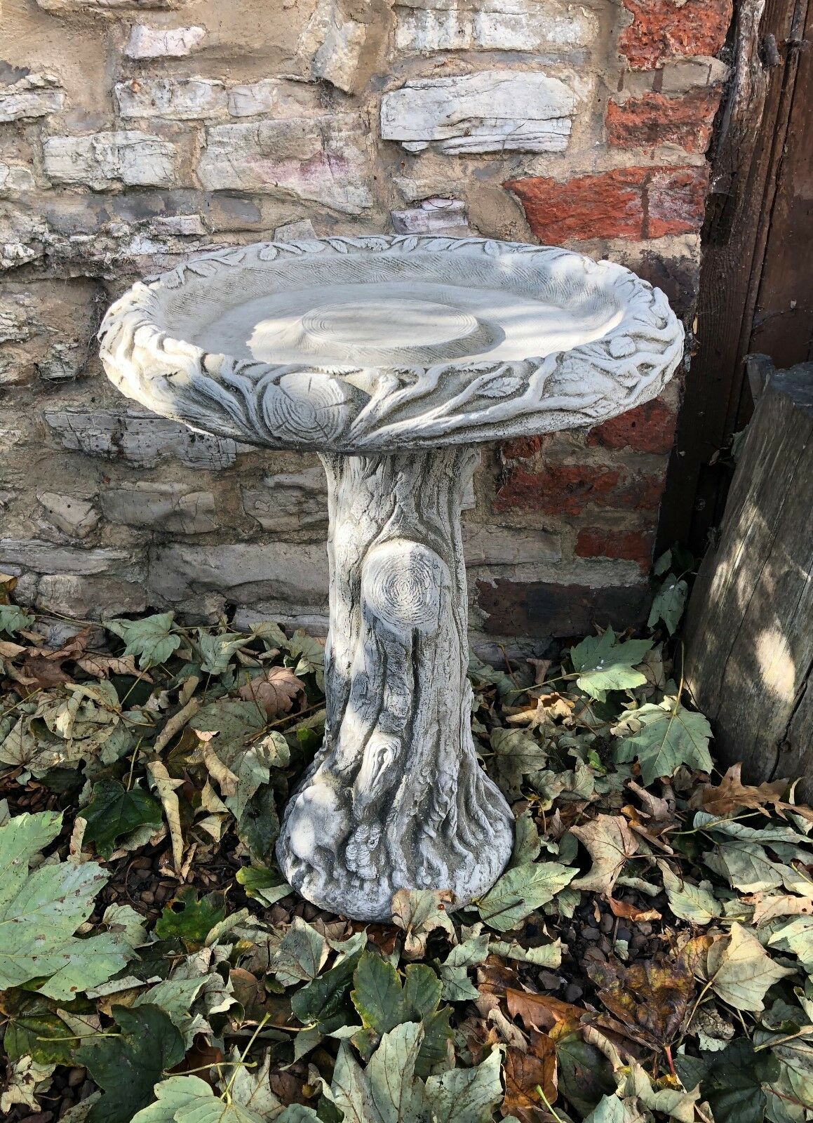 Stone Bird Bath with Tree Trunk Design