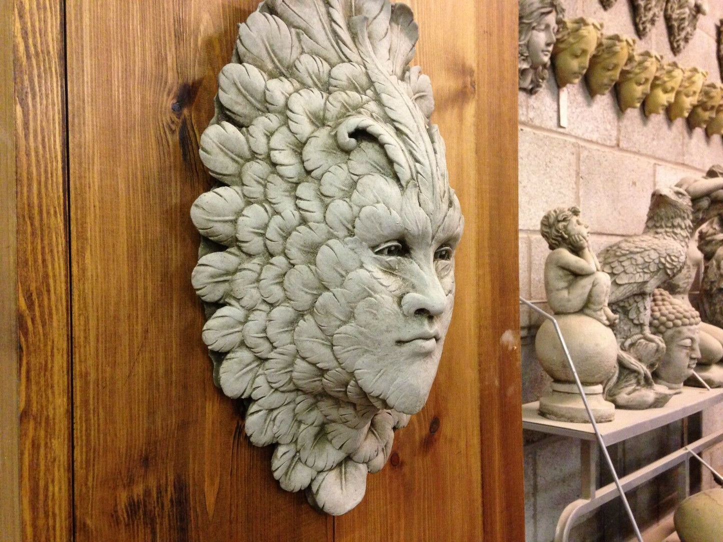 Stone Feather Face Greenman Wall Plaque