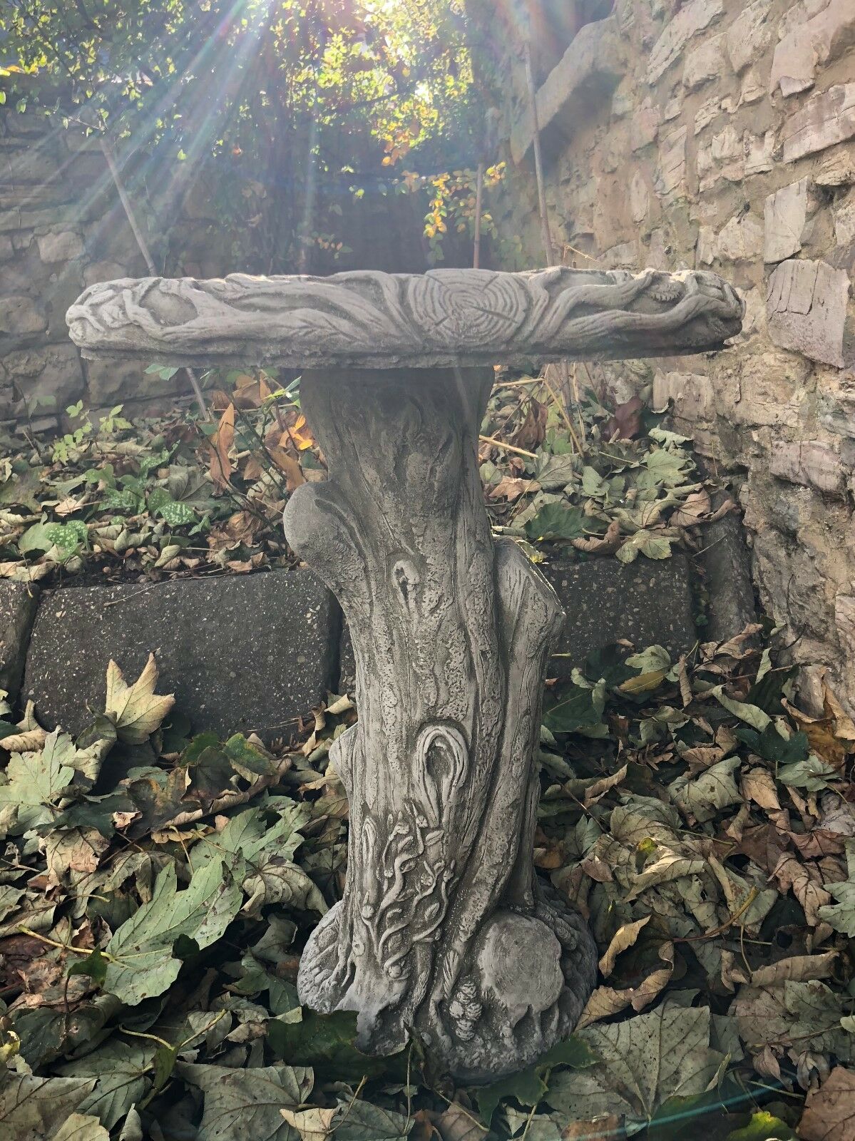 Stone Bird Bath with Tree Trunk Design