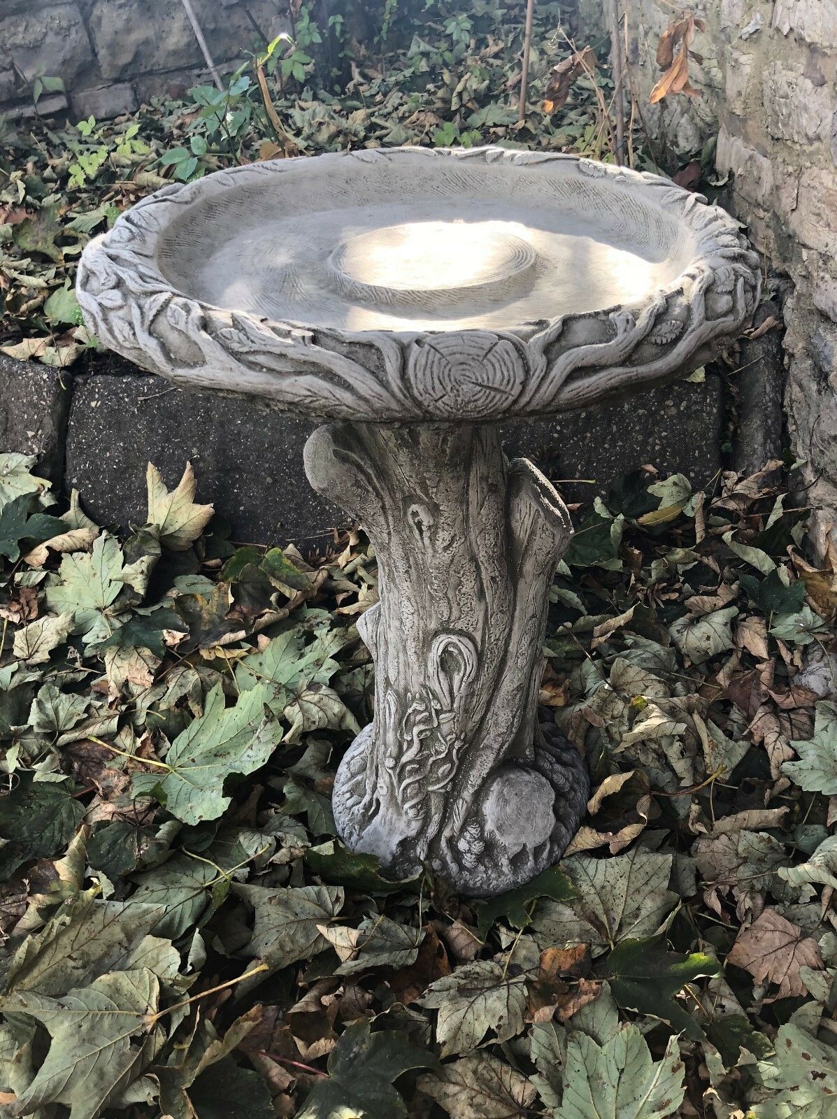 Stone Bird Bath with Tree Trunk Design