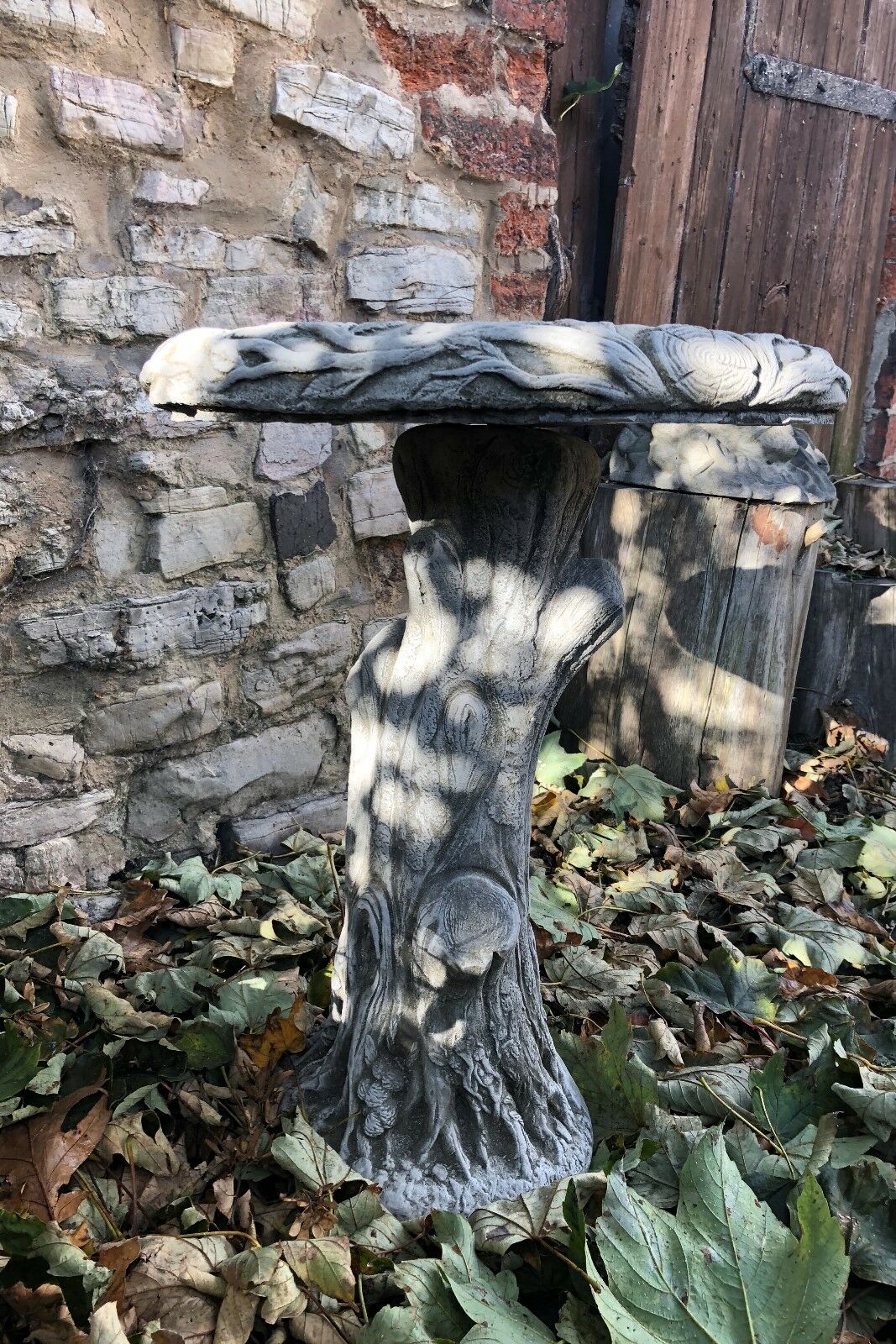 Stone Bird Bath with Tree Trunk Design