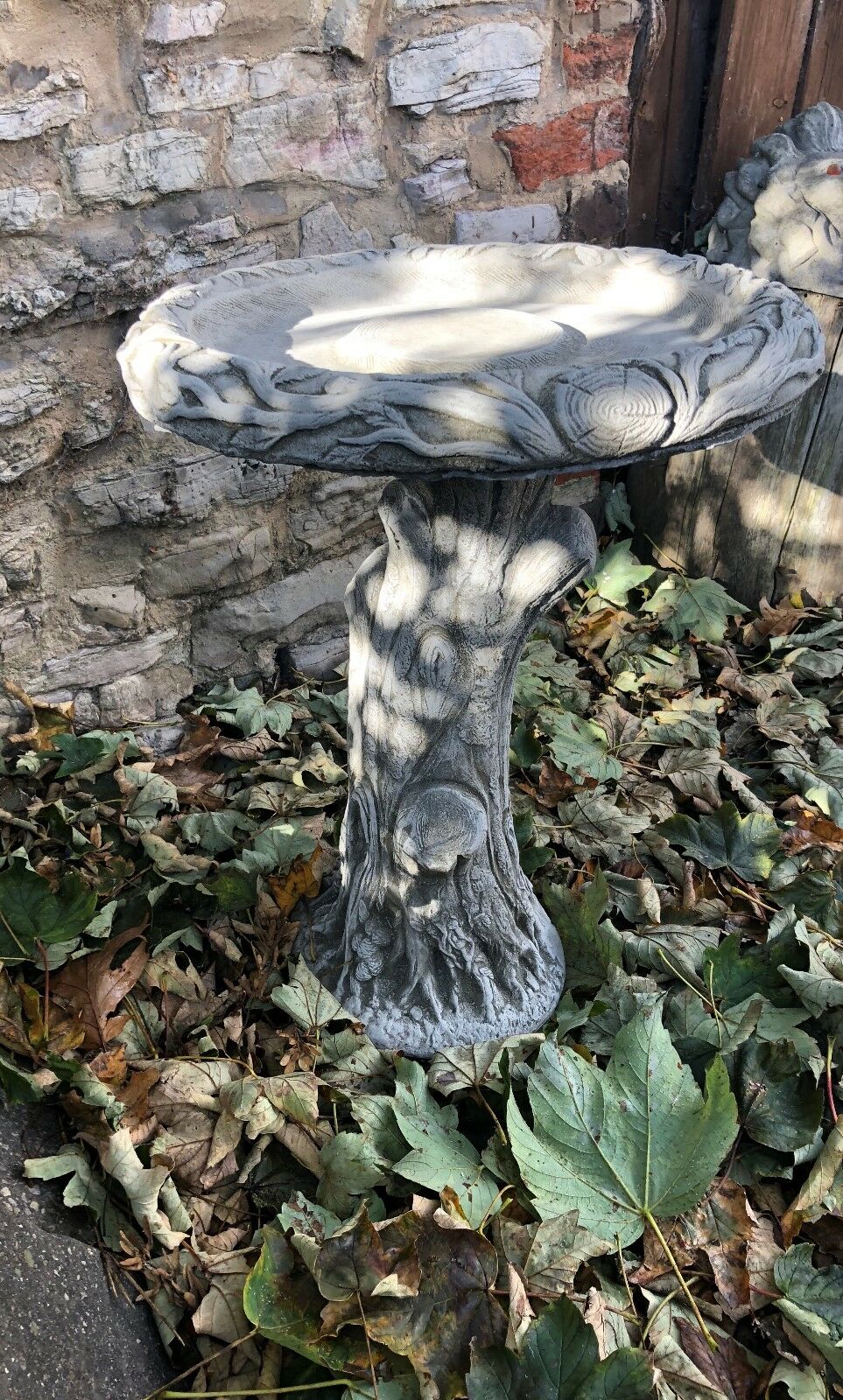 Stone Bird Bath with Tree Trunk Design