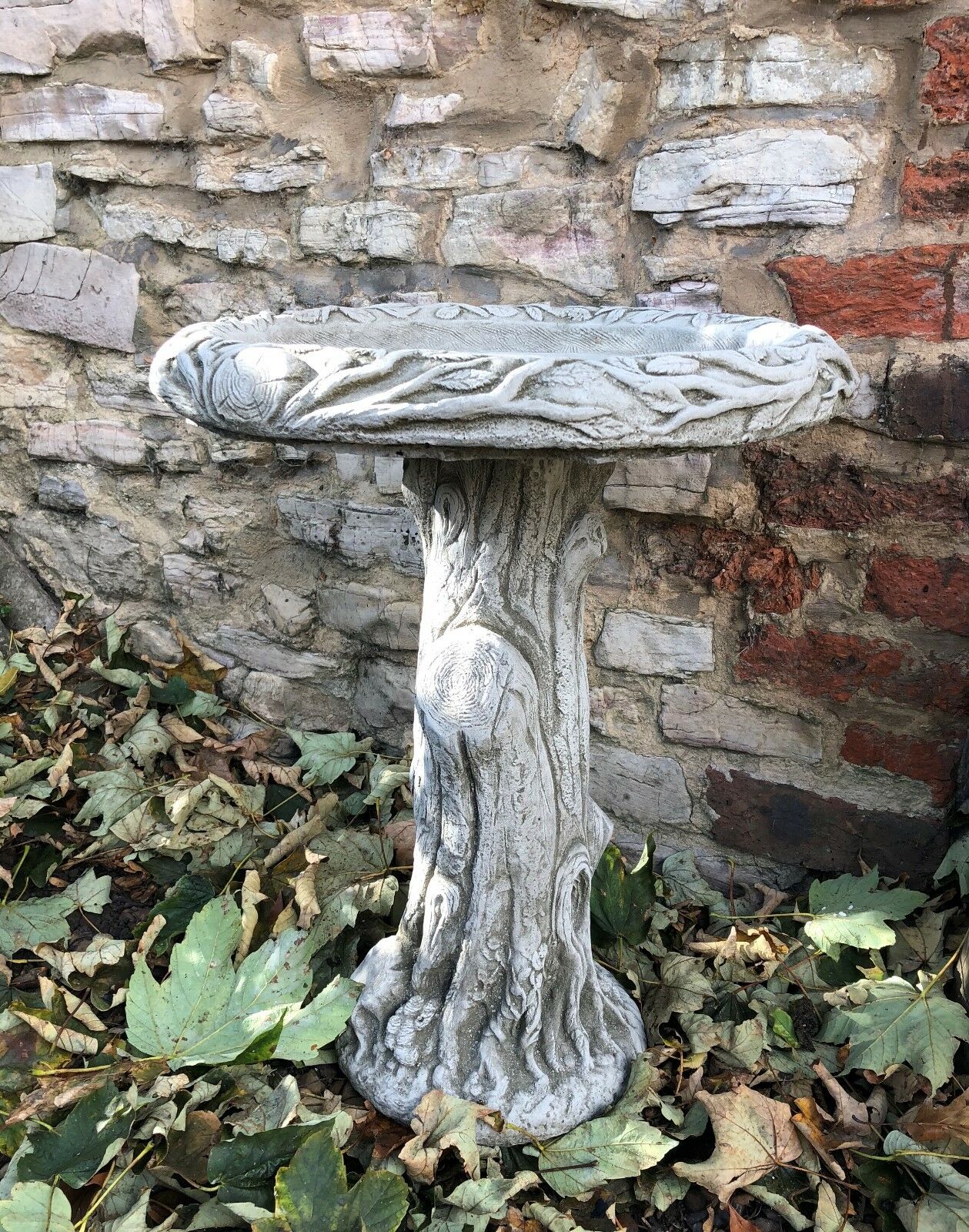 Stone Bird Bath with Tree Trunk Design