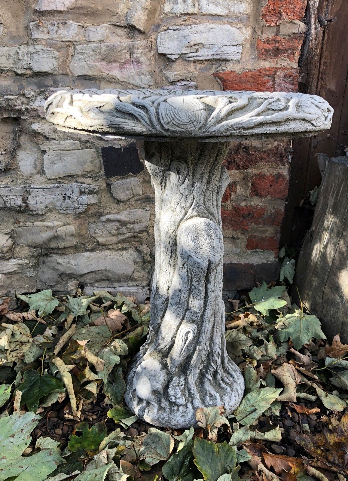 Stone Bird Bath with Tree Trunk Design