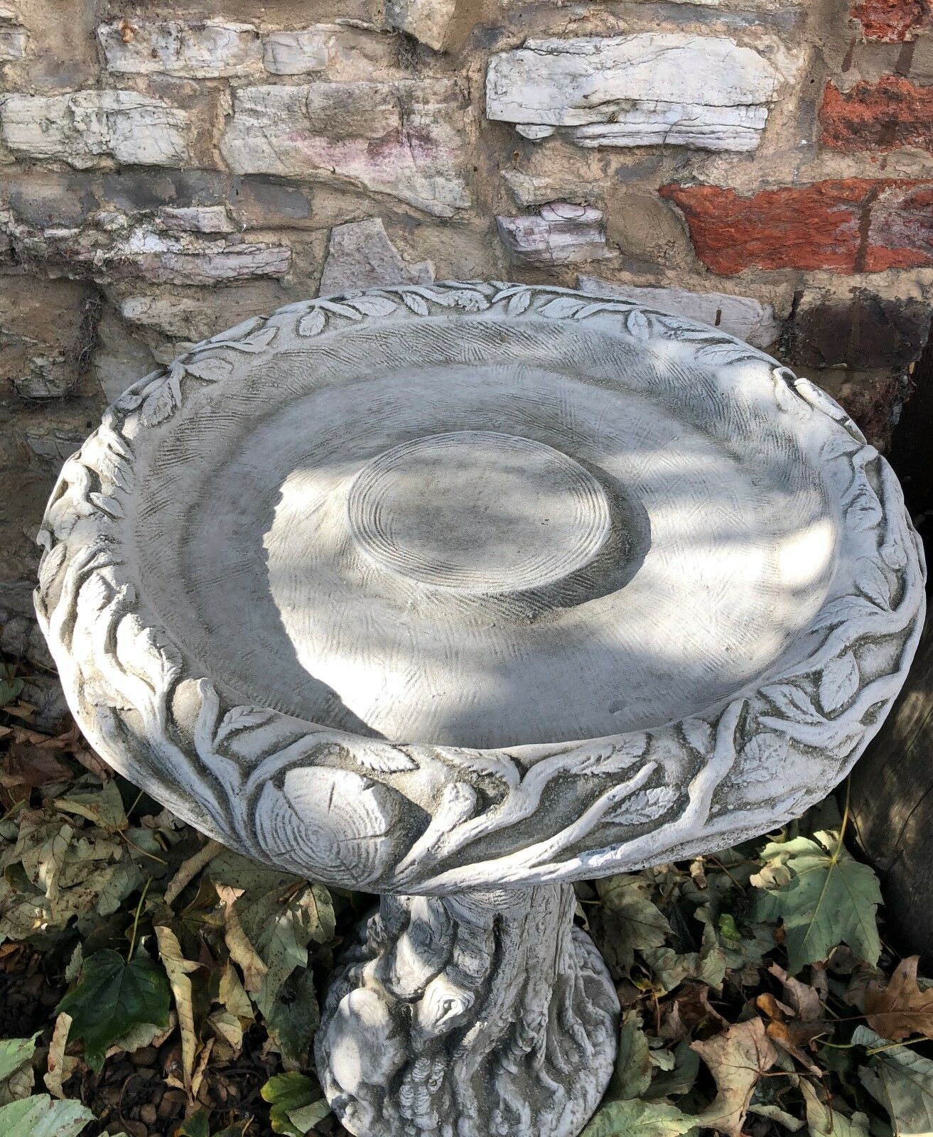 Stone Bird Bath with Tree Trunk Design